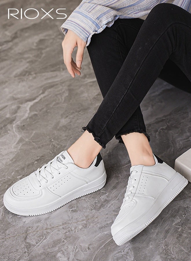 RIOXS Women's Classic White Sneakers, Casual Lightweight Leather Platform Sneakers, Breathable Sports Shoes Comfortable Walking Shoes for Ladies, Trendy Low Top Sneakers Versatile Leisure Shoes Tennis Shoes for Shopping Work Travel and Daily Wear, White&Black - Image 5